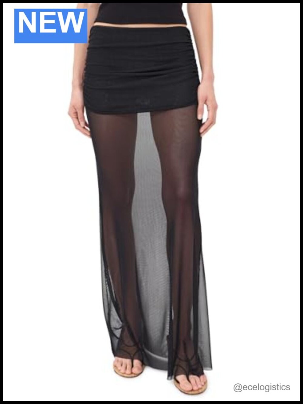 Bananhot Lena Ruffled Sheer Mesh Maxi Skirt Ruched